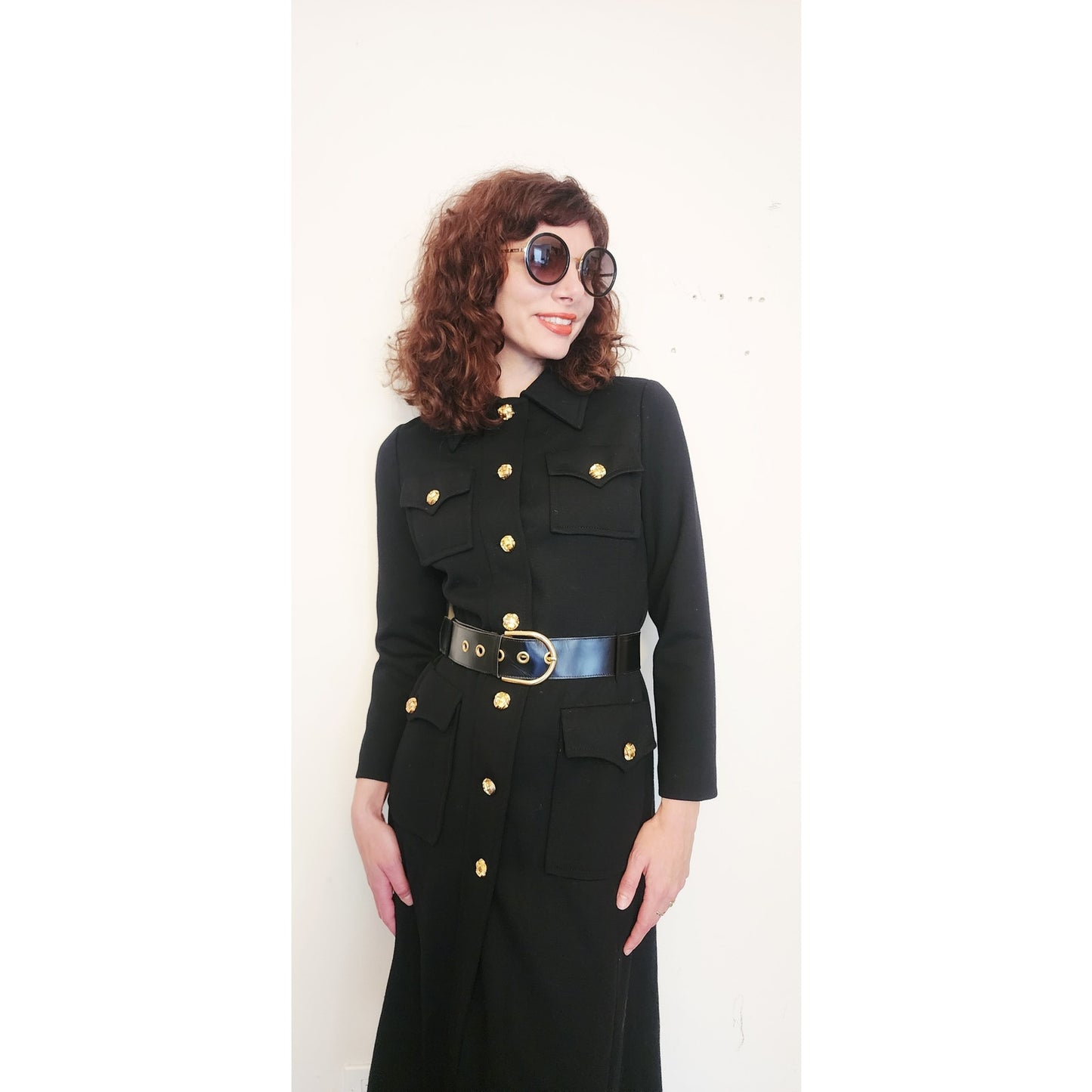 Vintage 1960s Dress Black Knit Wool + Gold Buttons, Belted by Gibi Italy