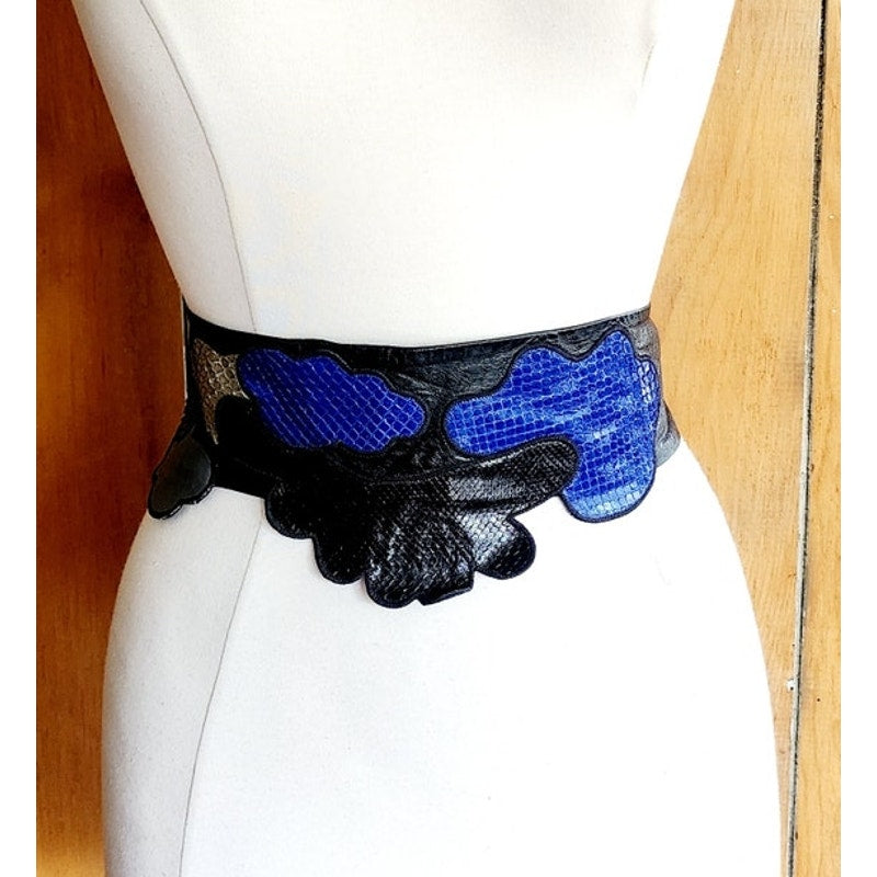 Vintage 80s Belt Snakeskin Leather Blue Beige Black Sash Tie