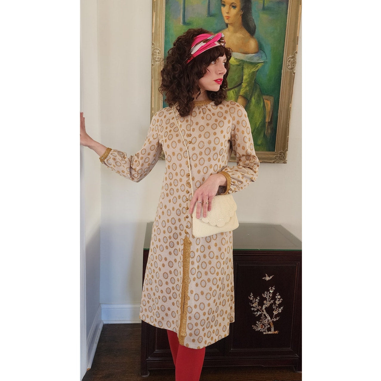 Vintage 60s Metallic Print Dress Beige Gold Tannel Knits / M