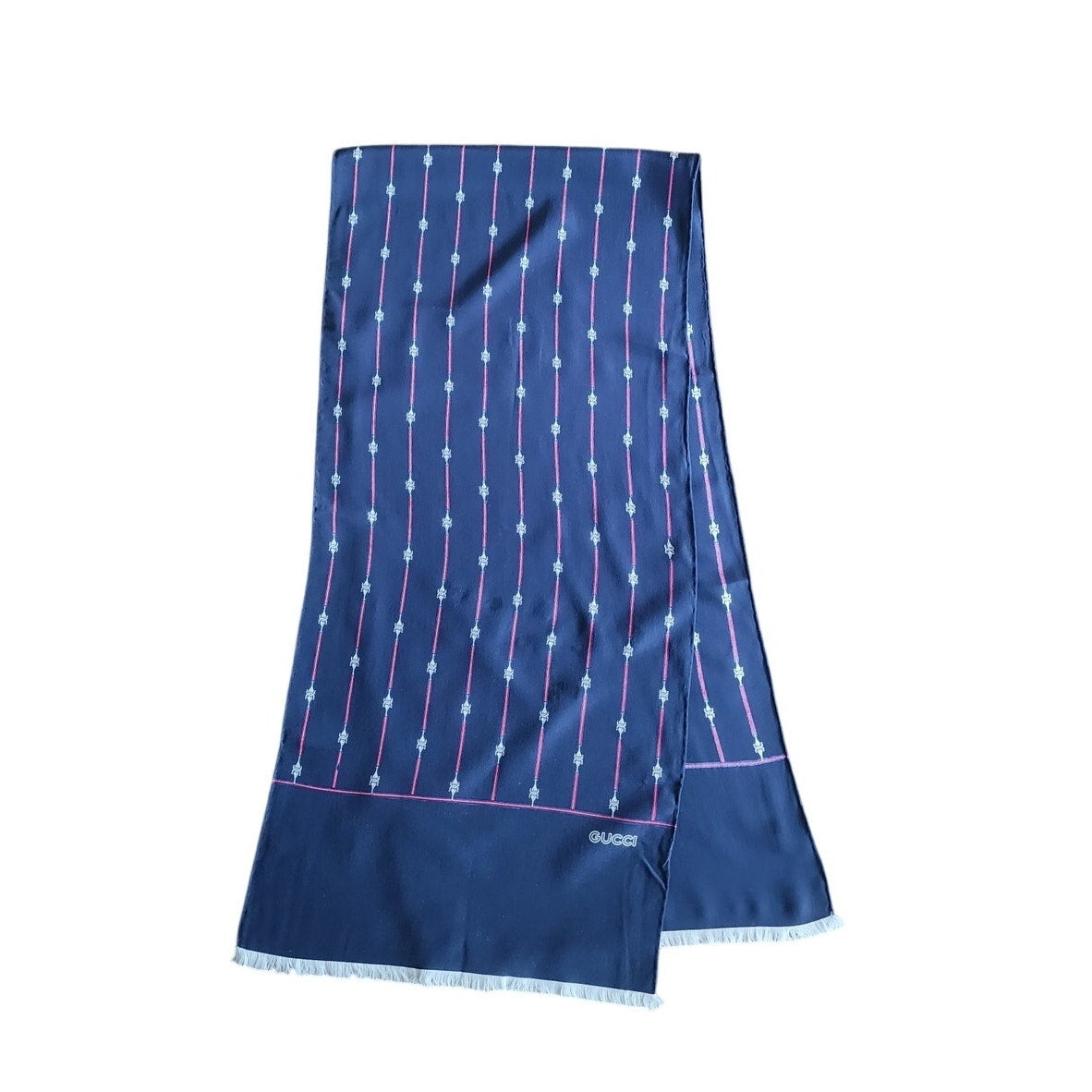 Vintage 70s Gucci Silk Scarf Navy Blue Horsebit Print Rectangular Fringed
