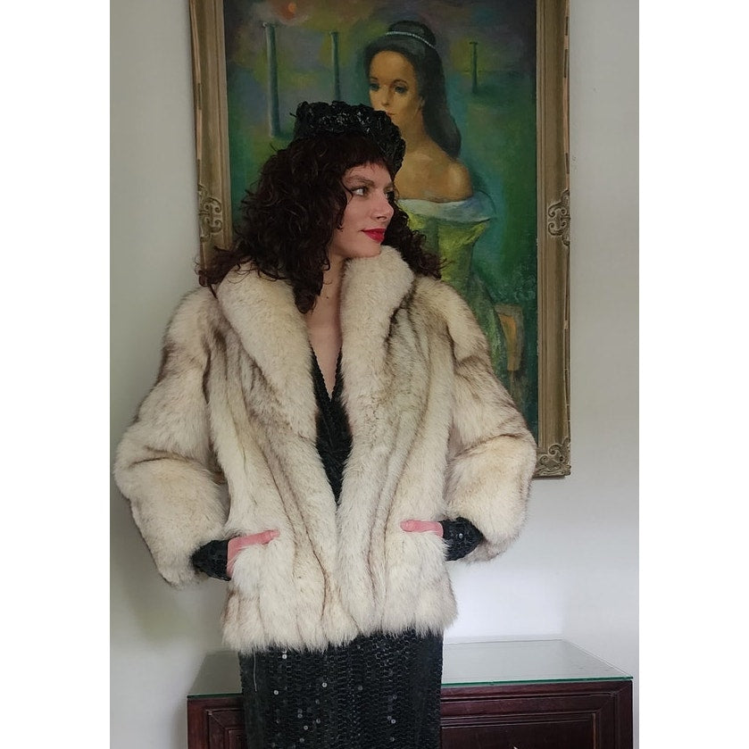 Vintage 70s Silver Fox Fur Jacket Large Collar