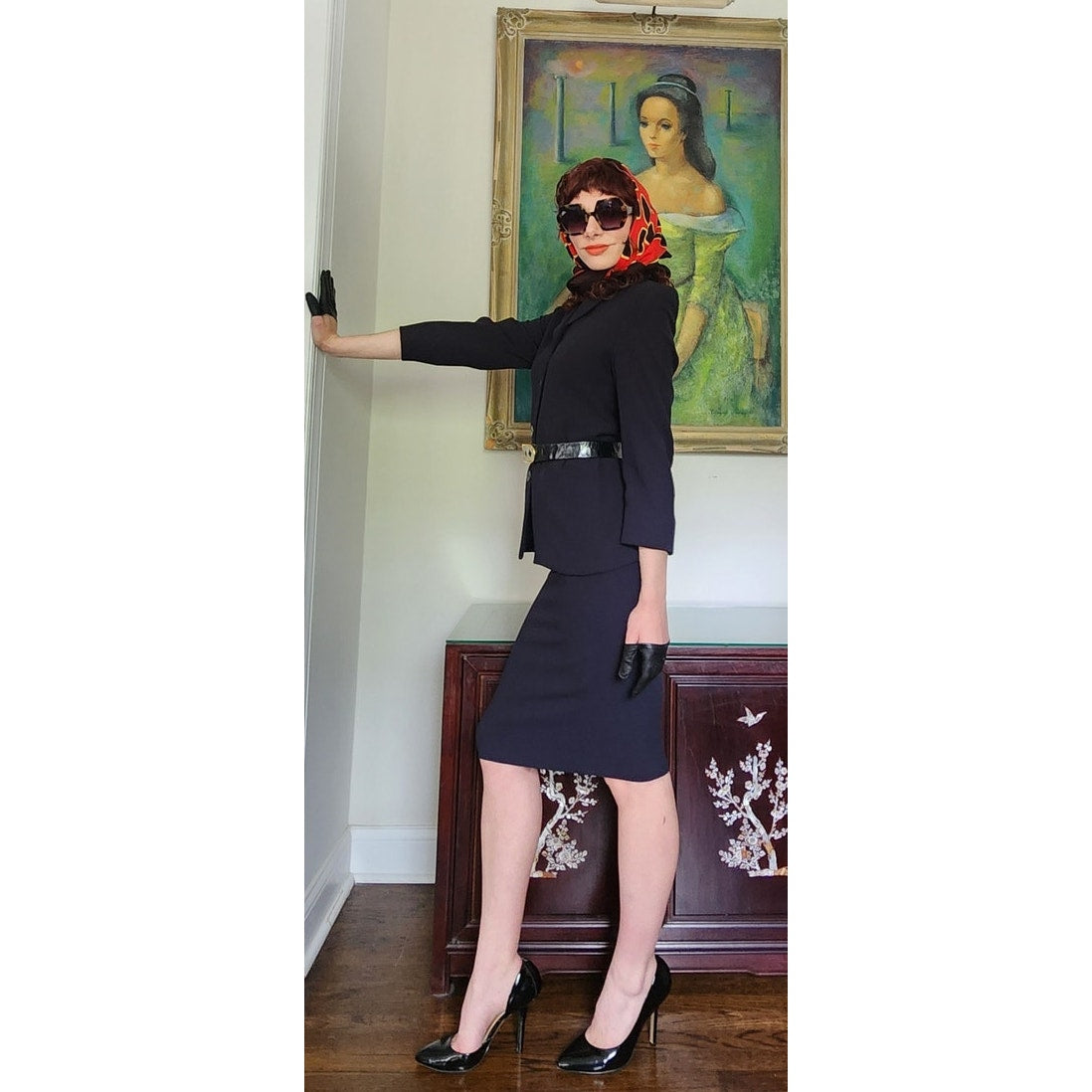 Vintage 90s Armani Skirt Suit Black or Dark Navy Blue Wool / S