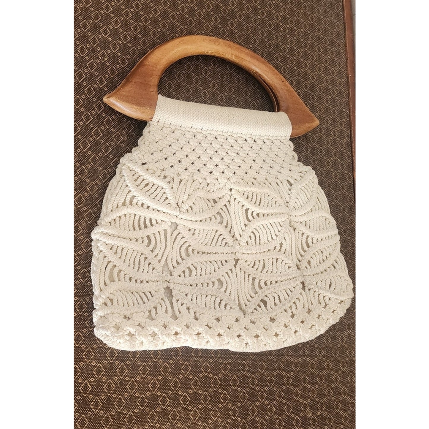 Vintage 70s Macrame Hand Bag Cream White Crochet Purse Wood Handle