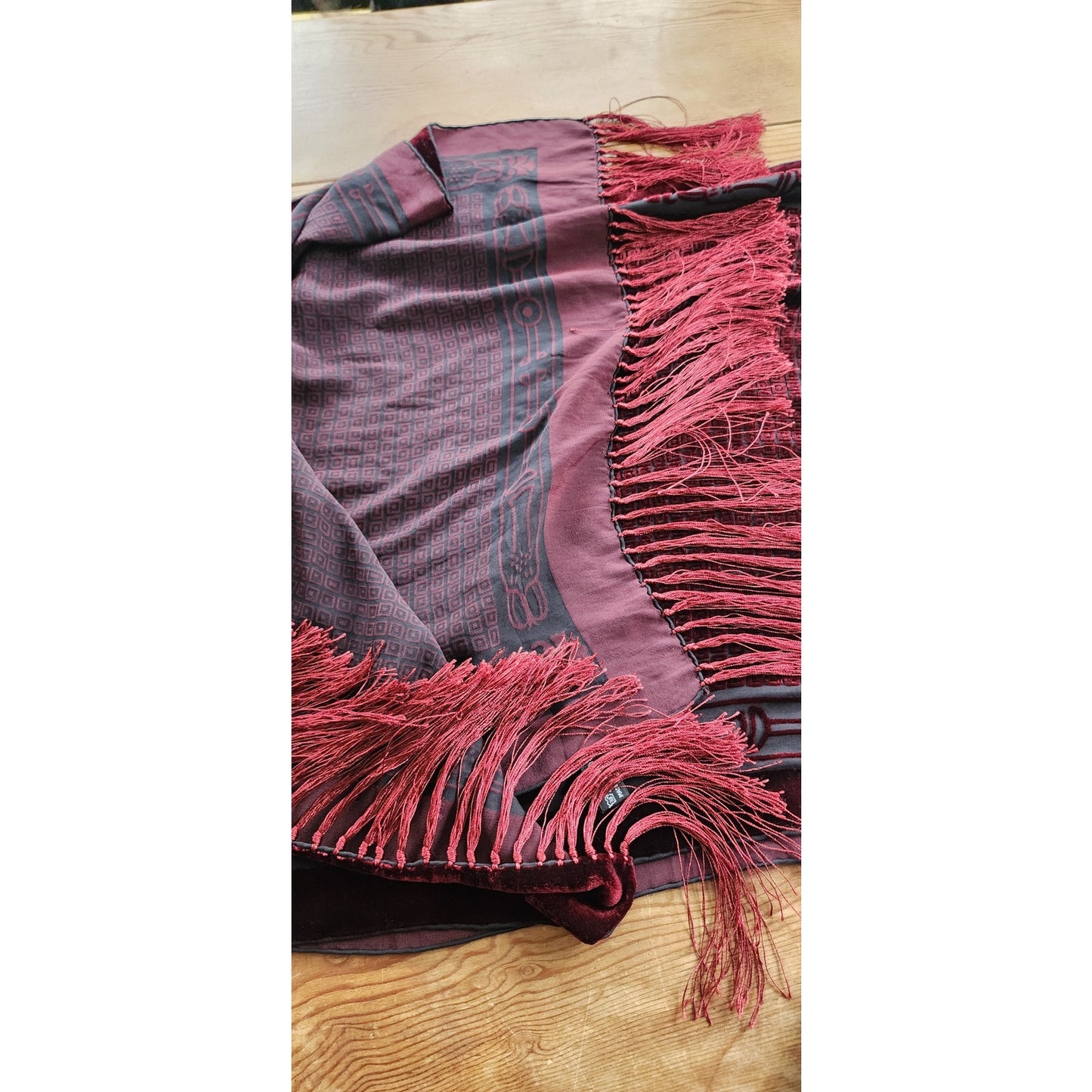 Vintage 90s Burnout Velvet Scarf Burgundy Red Velvet Fringed