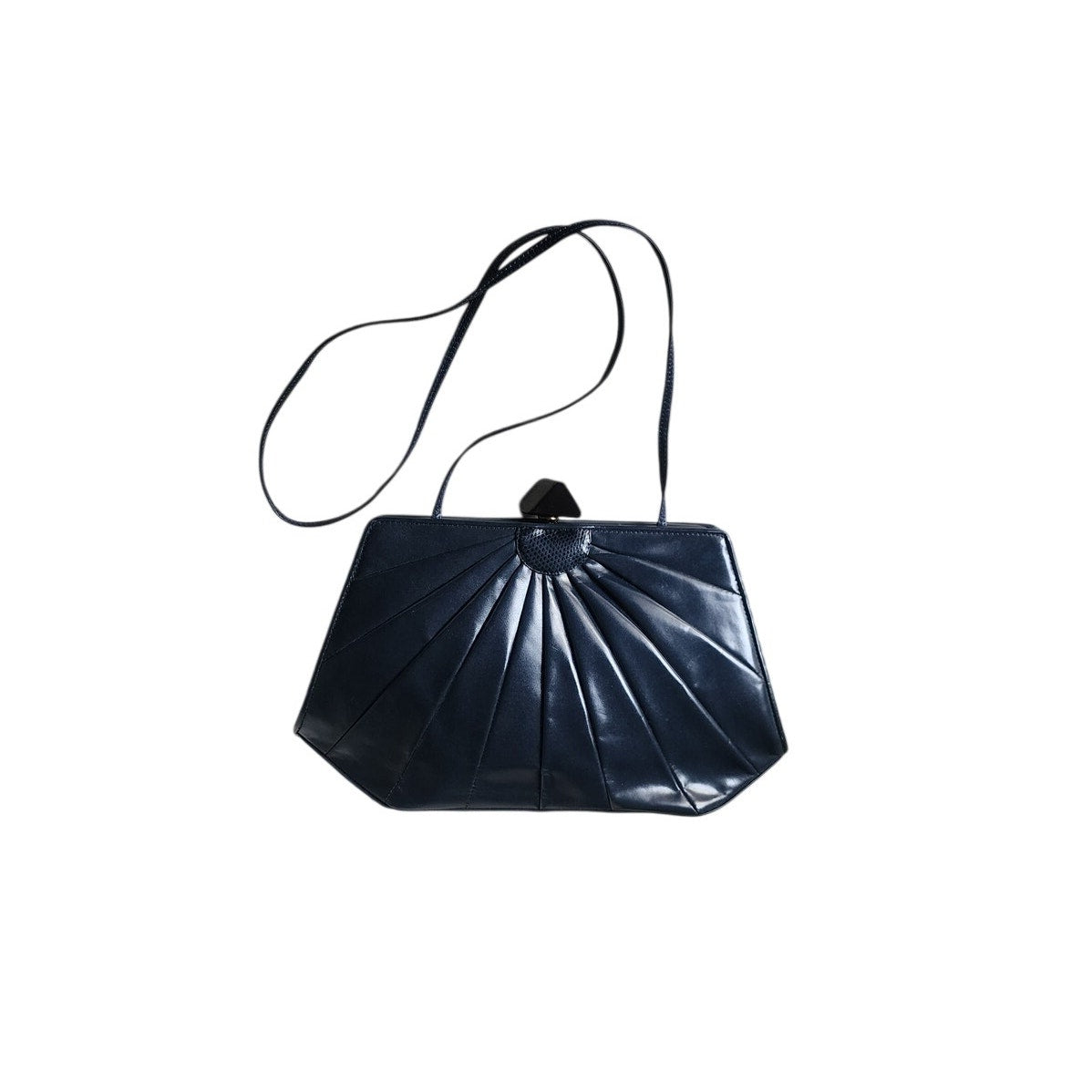 Vintage 80s Art Deco Purse Shoulder Bag / Clutch Navy Blue Leather Jay Herbert