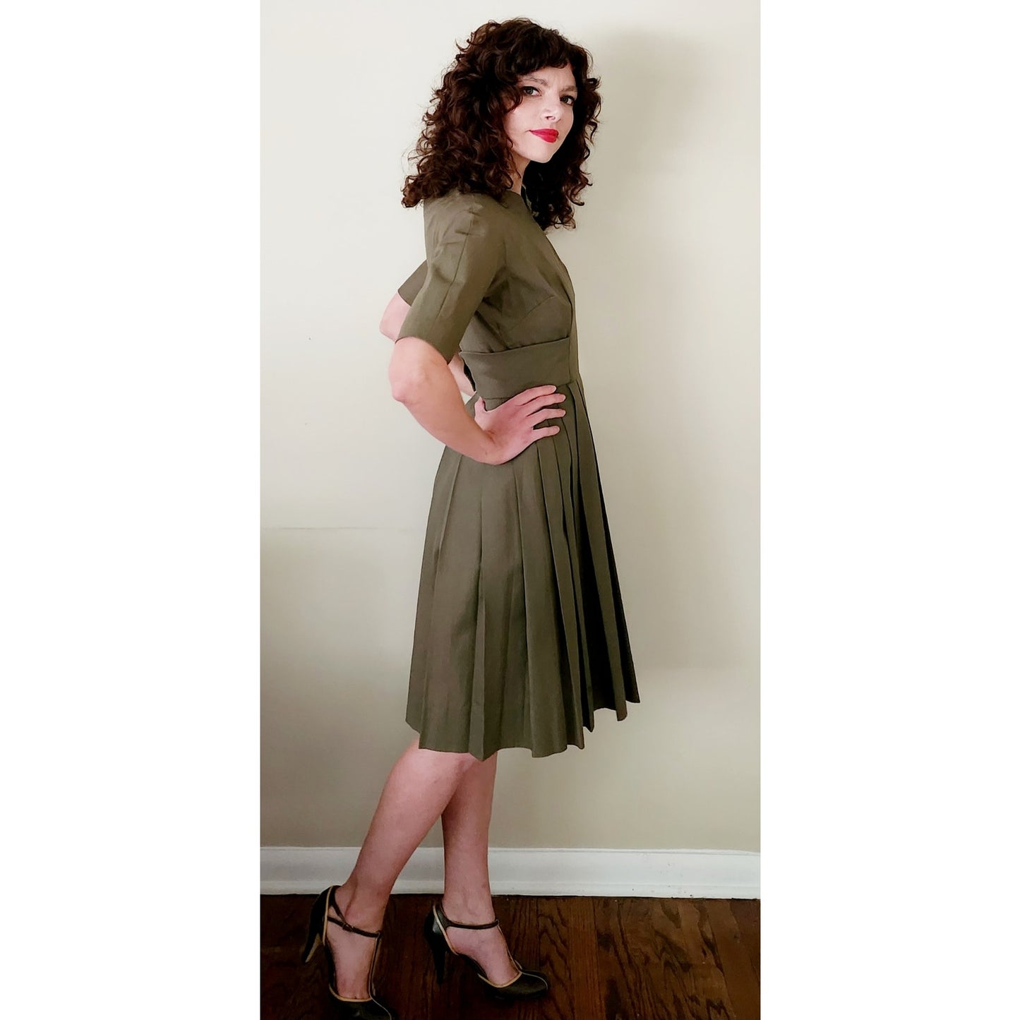 Vintage 50s Jacques Heim Couture Dress Olive Green Wool