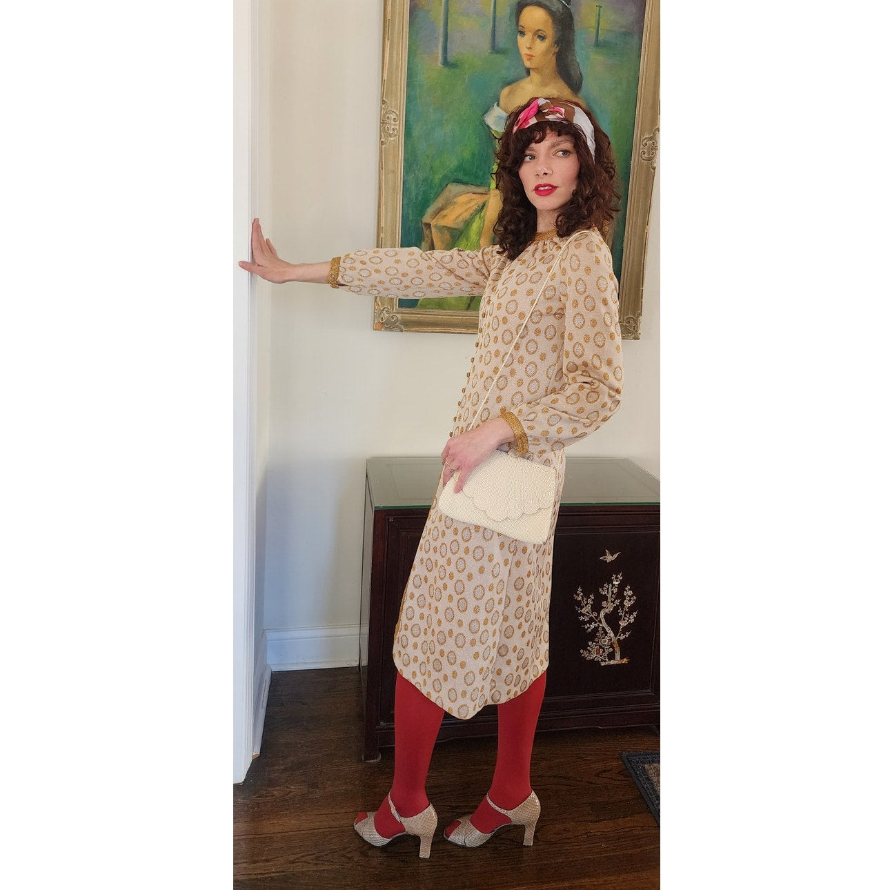 Vintage 60s Metallic Print Dress Beige Gold Tannel Knits / M