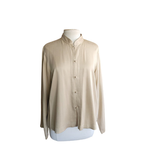 Vintage 90s Eileen Fisher Blouse Beige Silk Long Sleeves