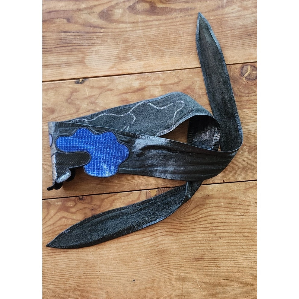 Vintage 80s Belt Snakeskin Leather Blue Beige Black Sash Tie
