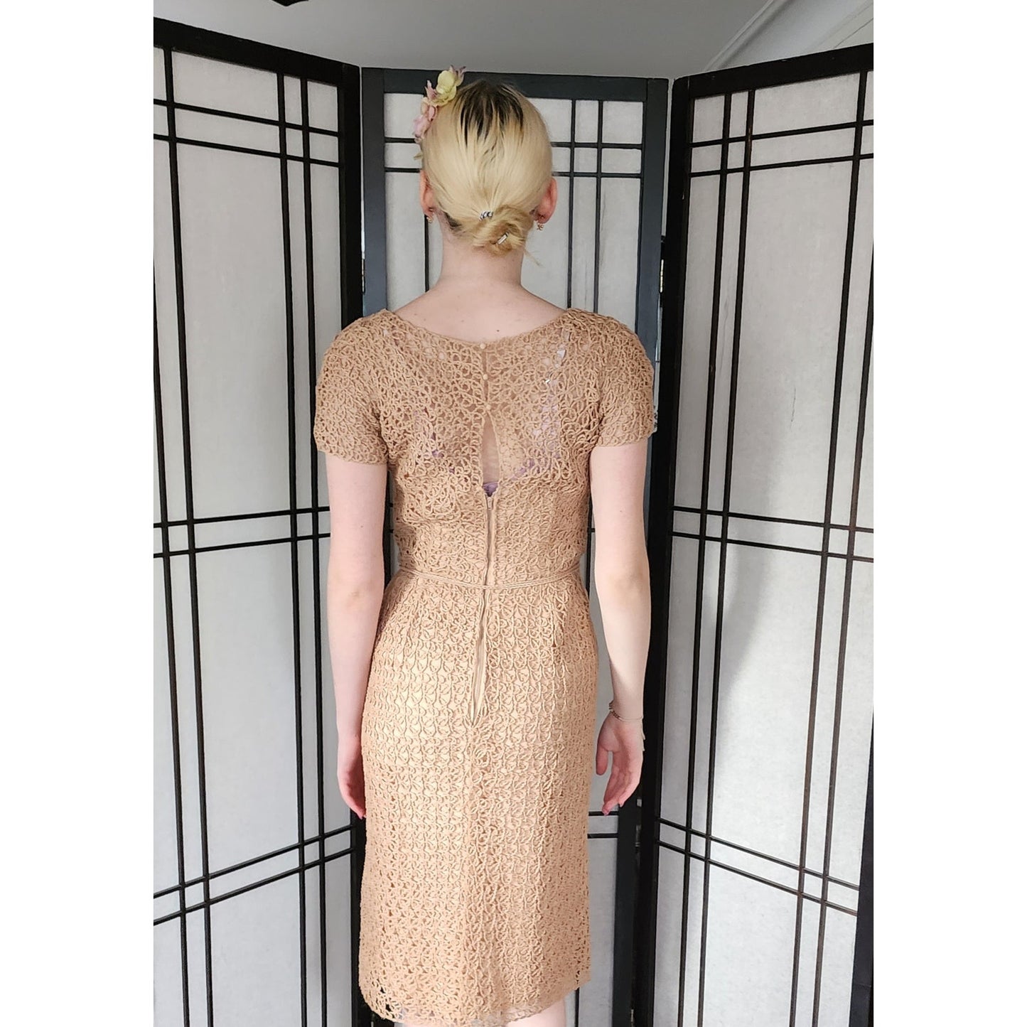 Vintage 50s Ribbon Lace Dress Helen Barbieri Beige Peach