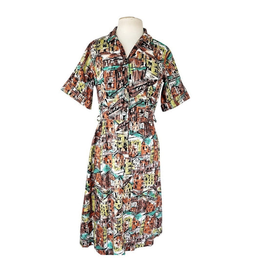 Vintage 50s Novelty Print Dress Button Down Front Short Sleeves / M