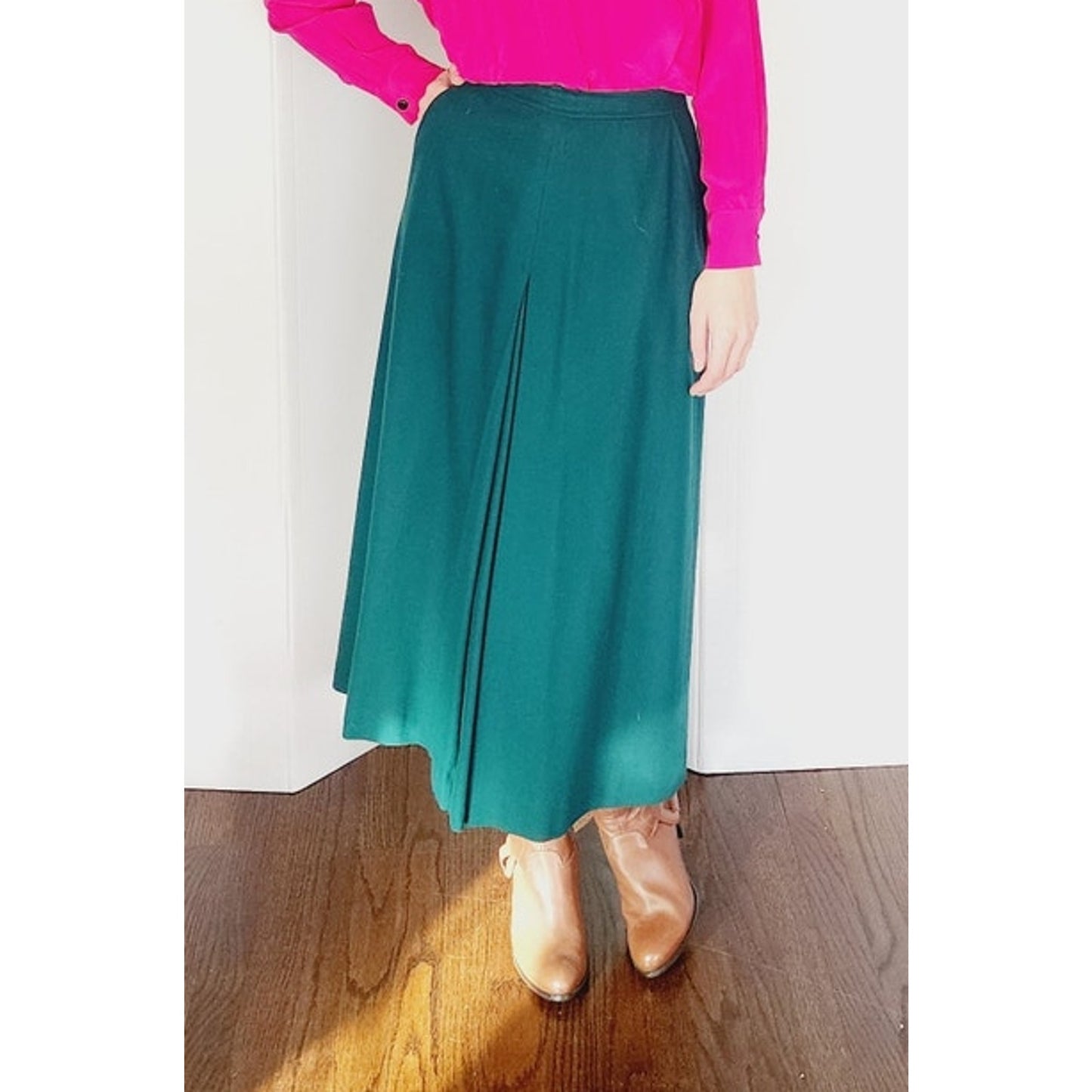 Vintage 70s Dark Green Wool Skirt HIgh Waisted Ankle Length Skyr / Small