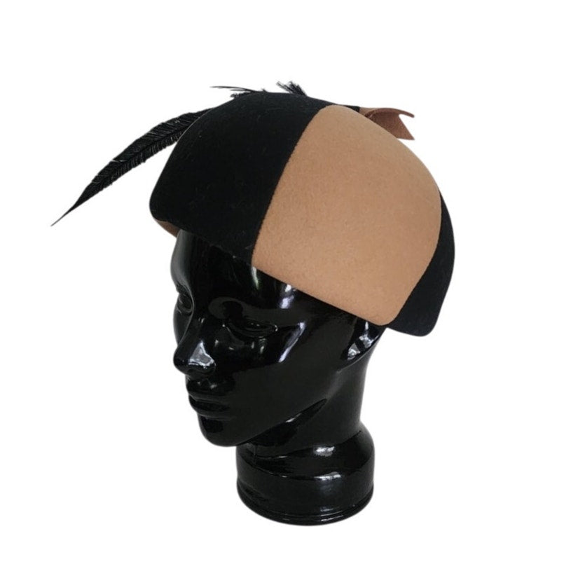 Vintage 60s Mod Bubble Hat Mr John Brown Black Wool felt w/Feather Helmet Style