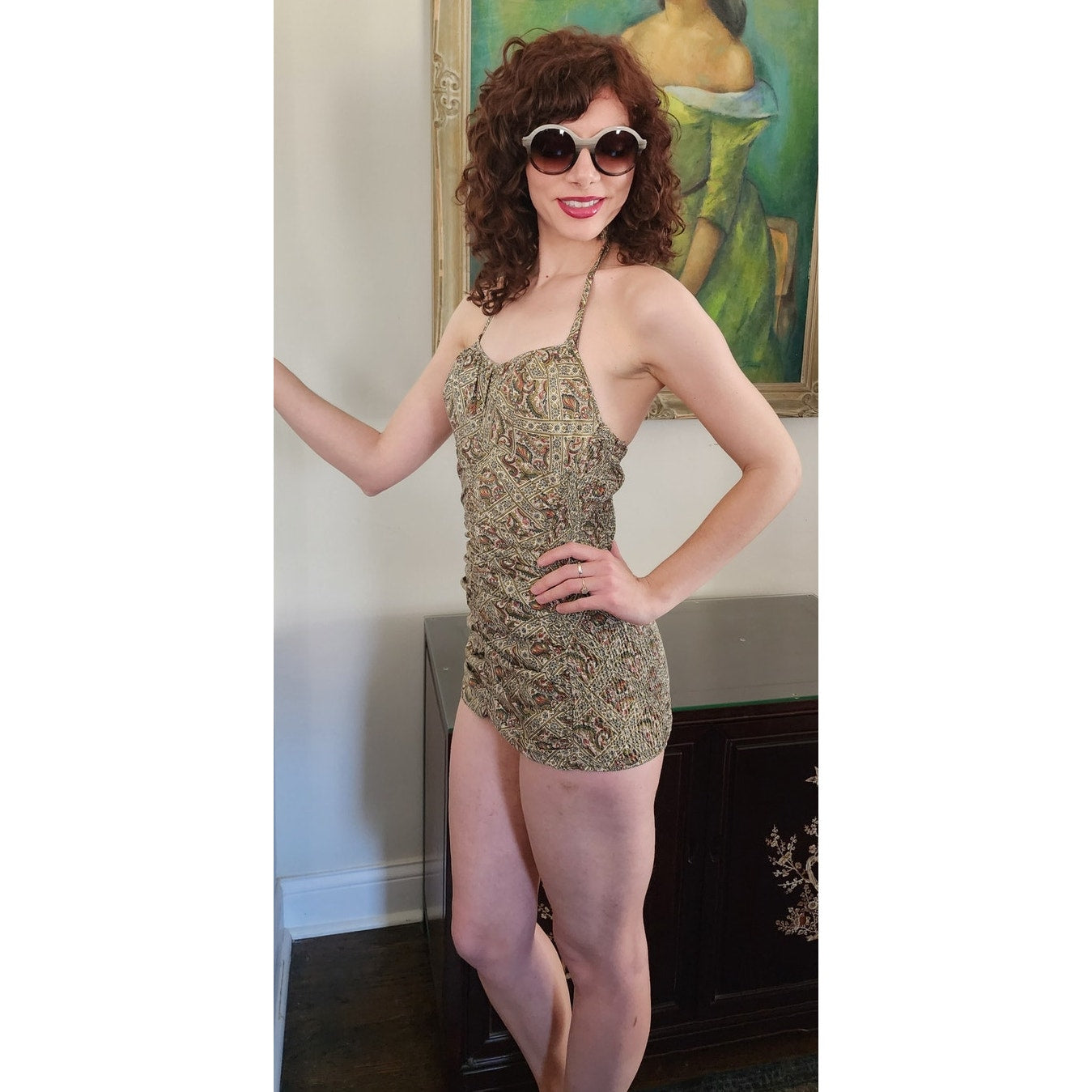 Vintage 50s Jantzen Swimsuit Cotton Print Maillot One Piece / S