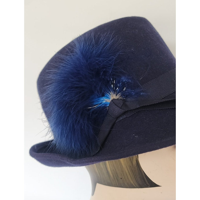Vintage 1970s Ladies Fedora Blue Wool w/Feather Tally-Ho