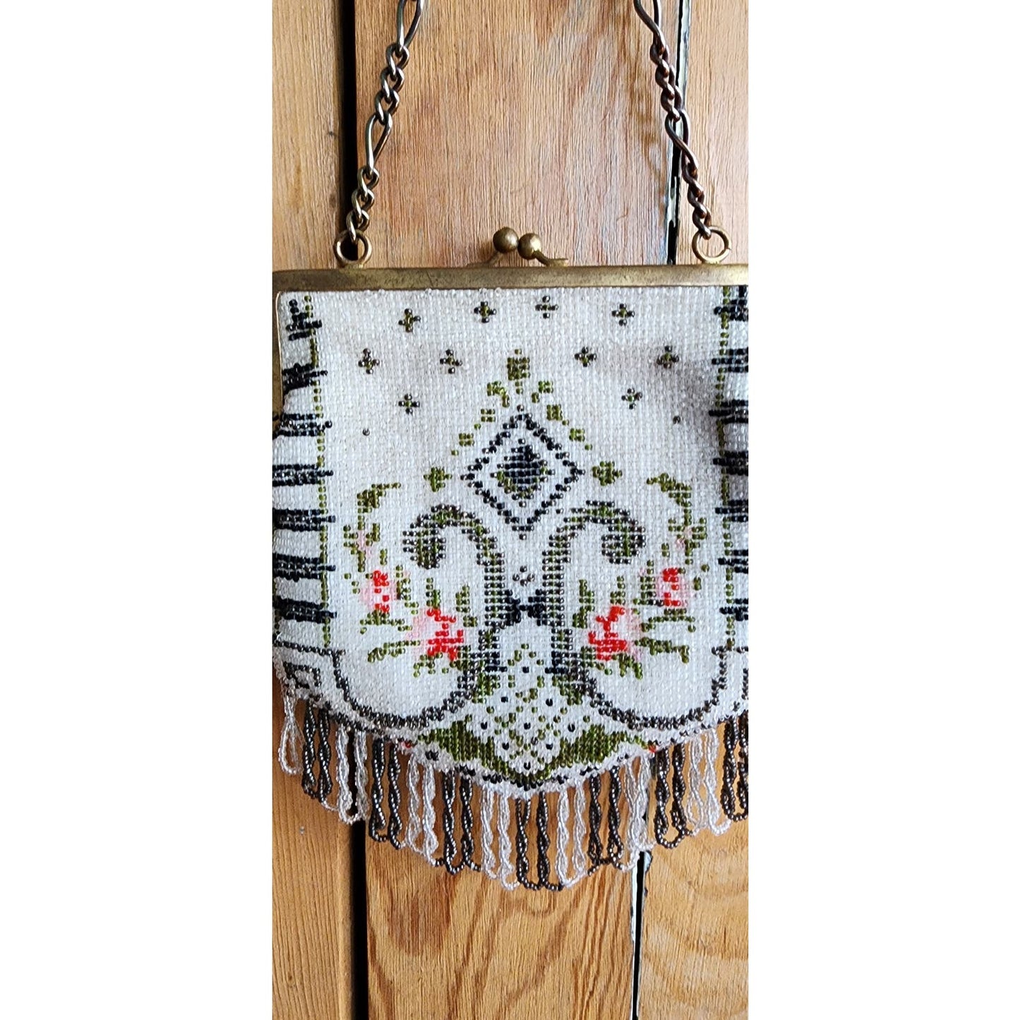 Vintage Beaded Bag Art Deco Style Glass Bead Purse Fringed