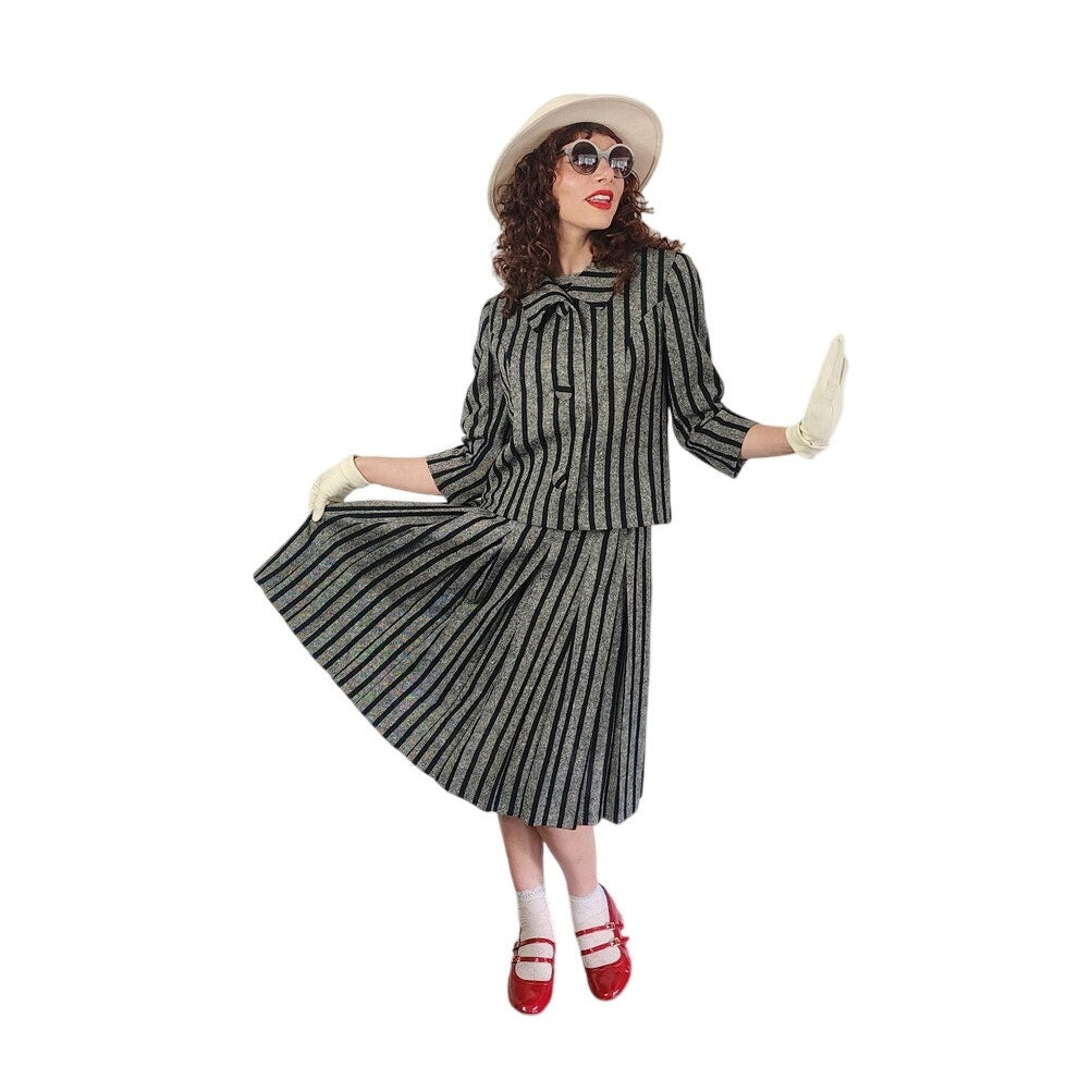 Vintage 1960s Sybil Connolly Skirt Suit Gray Black Striped Wool / Small