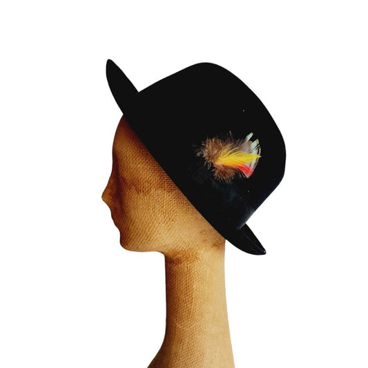 Vintage 60s Mens Fedora Stetson Hat Black Wool Orange Feather 7 3/8