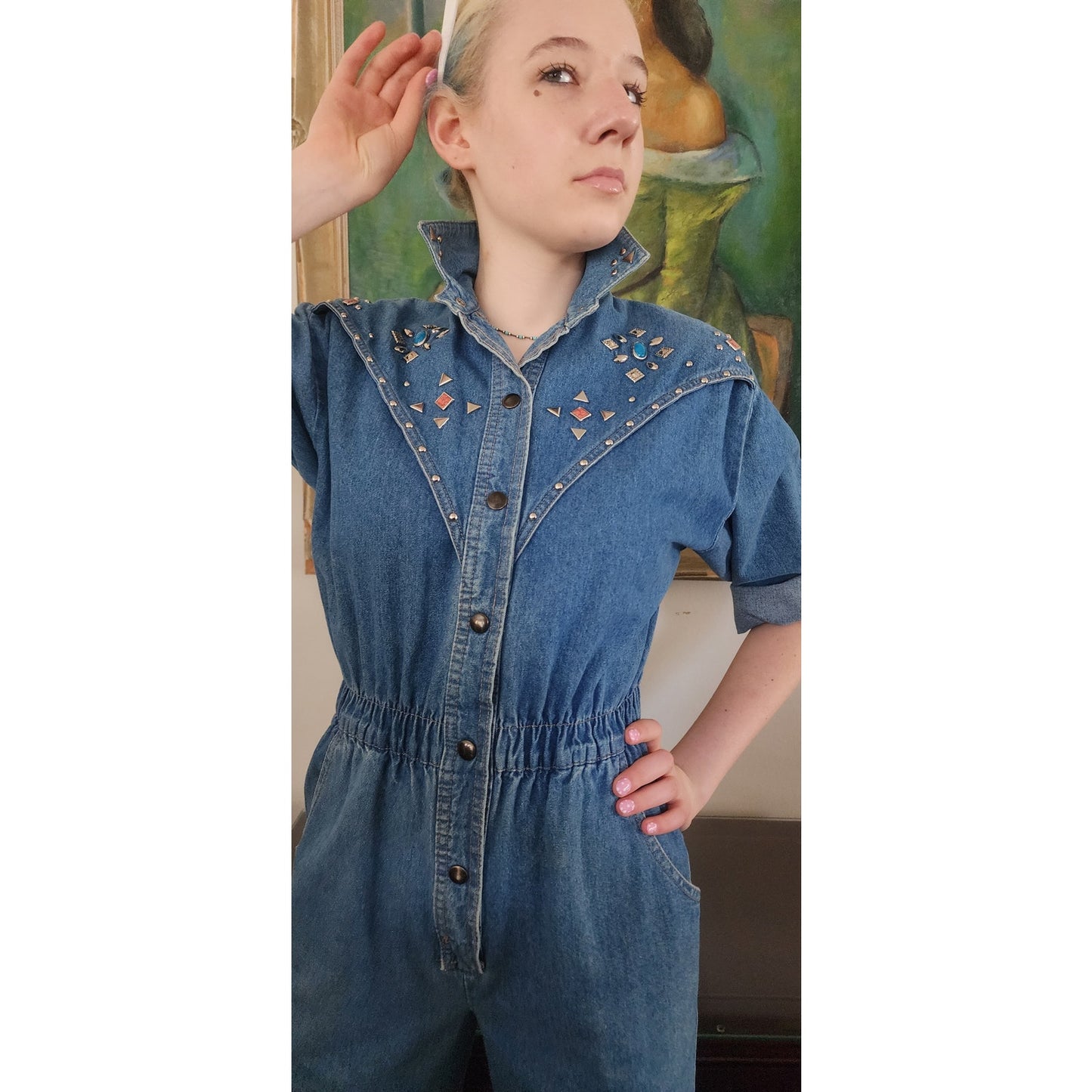 Vintage 80s Denim Jumpsuit w/Silver Studs Elastic Waist / Small