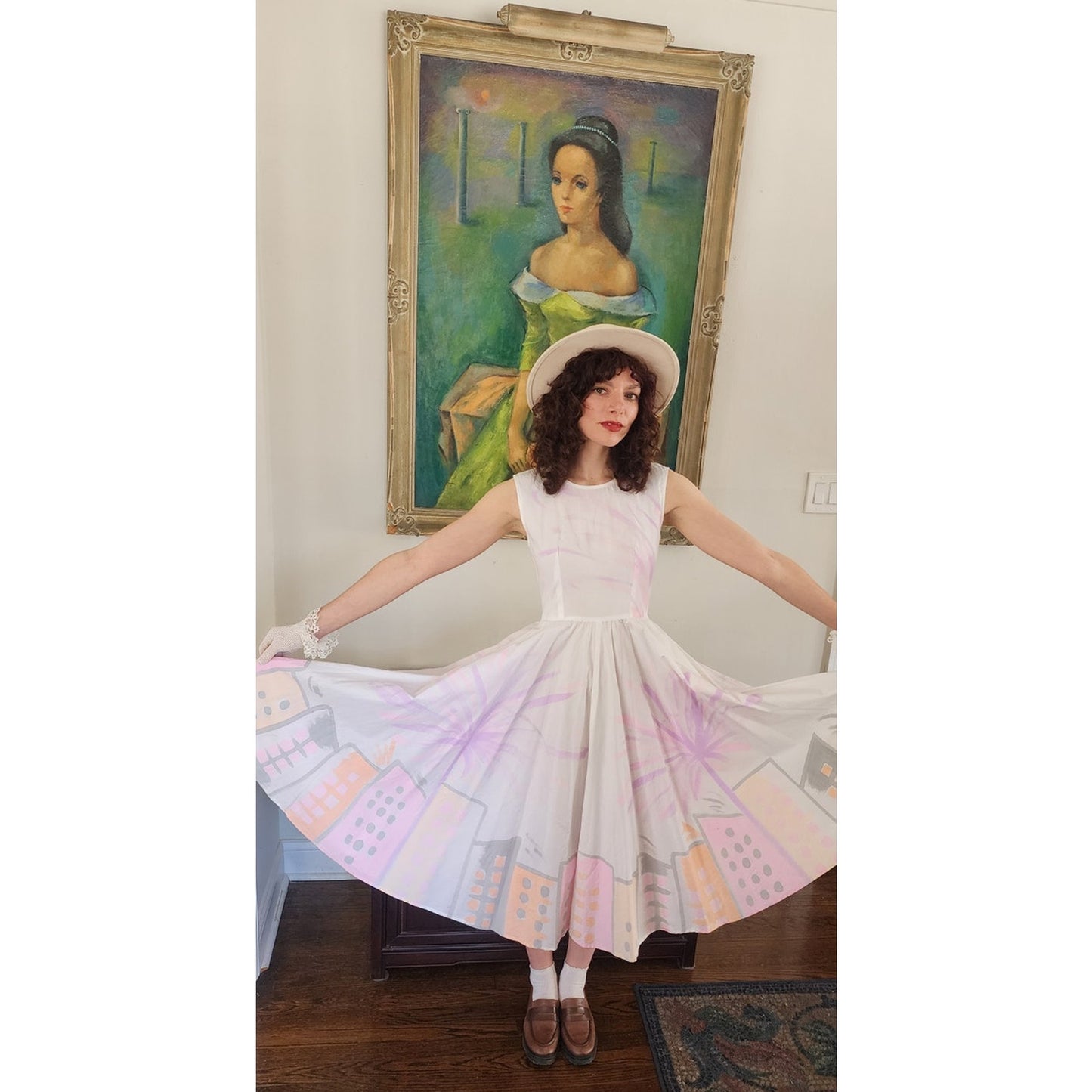 Vintage 90s Cotton Print Sun Dress Sleeveless White Pink Cityscape Print Circle Skirt / S