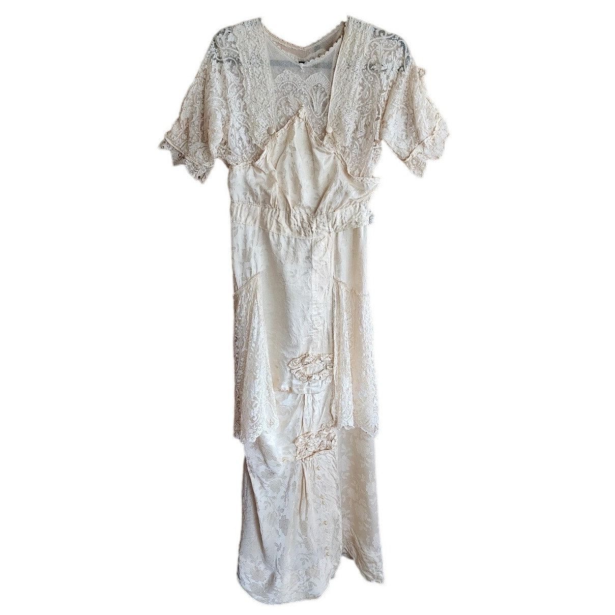 Victorian Cream Lace Dress Short Sleeves Floral Applique RareJule Vintage Victorian Cream Lace Dress Short Sleeves Floral Applique RareJule Vintage