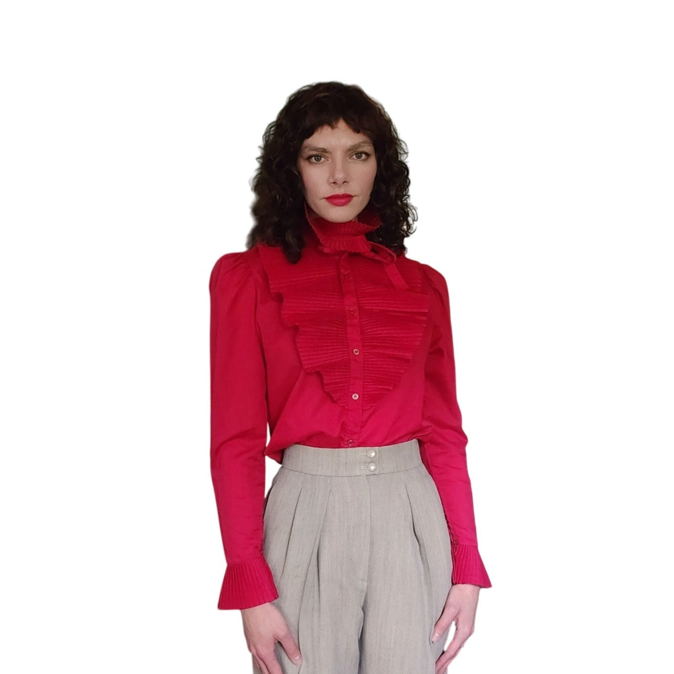 Vintage 80s Fuschia Blouse Ruffled Front Shirt 1 Park Ave