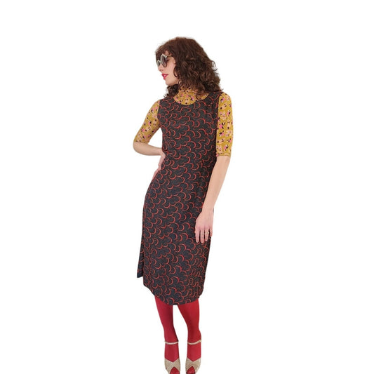 Vintage 1960s Embroidered Dress Red on Black Crescent Moon / Medium