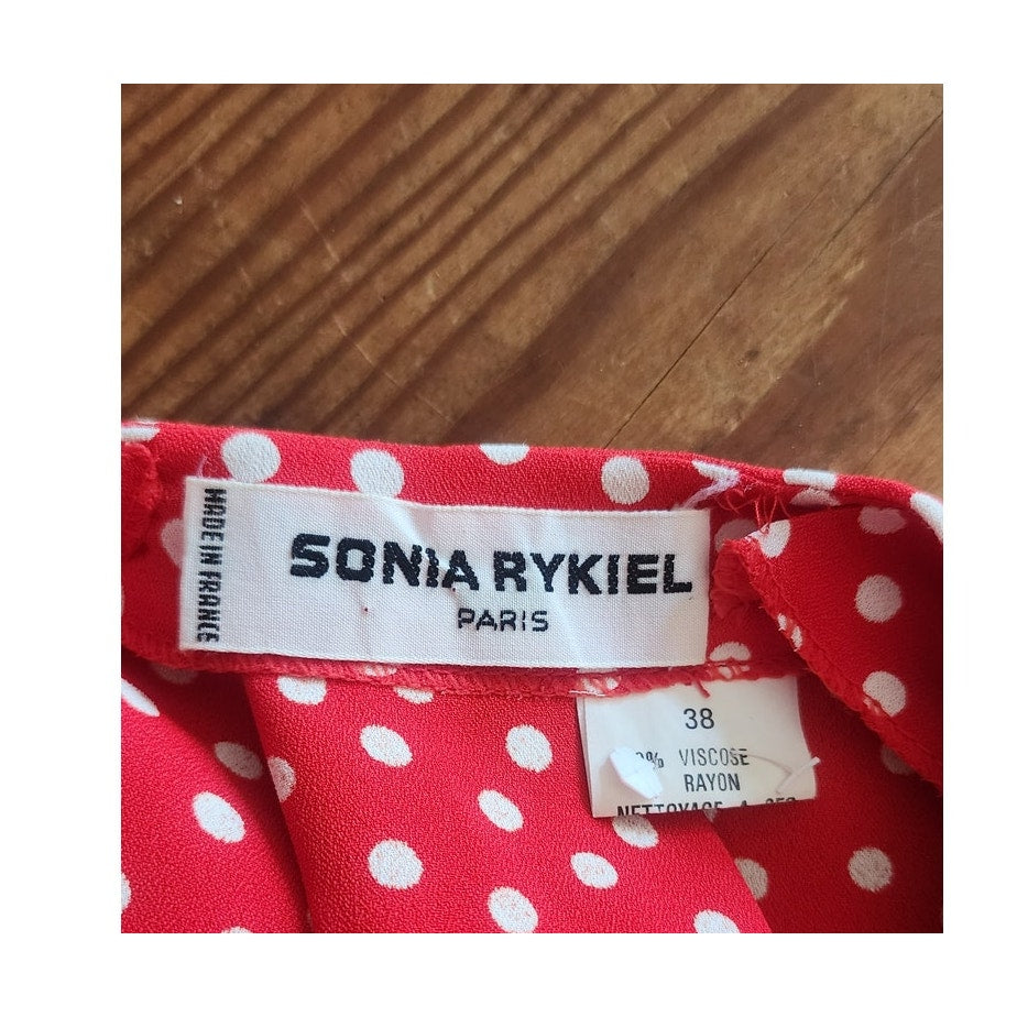 Vintage 1980s Sonia Rykiel Dress Red Polka Dot Rayon Short Sleeved Midi w/Belt