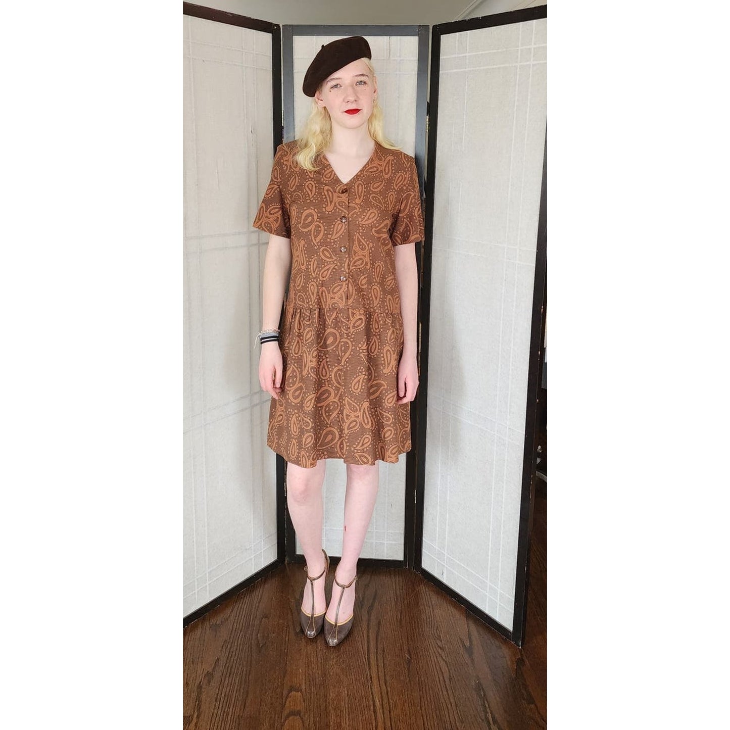 Vintage 60s Cotton Dress Brown Paisley Print Drop Waist