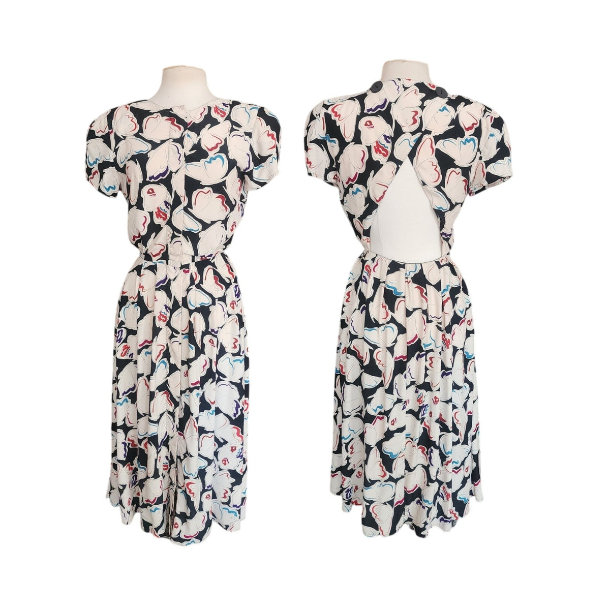 Vintage 1980s Krizia Dress Silk Puff Sleeve Open Back Geometric Abstract Midi