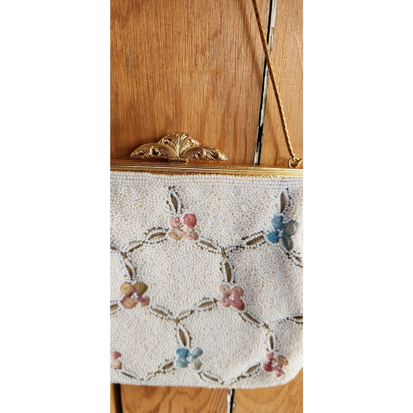 Vintage 50s Evening Bag White Beads Floral Embroidery Walborg