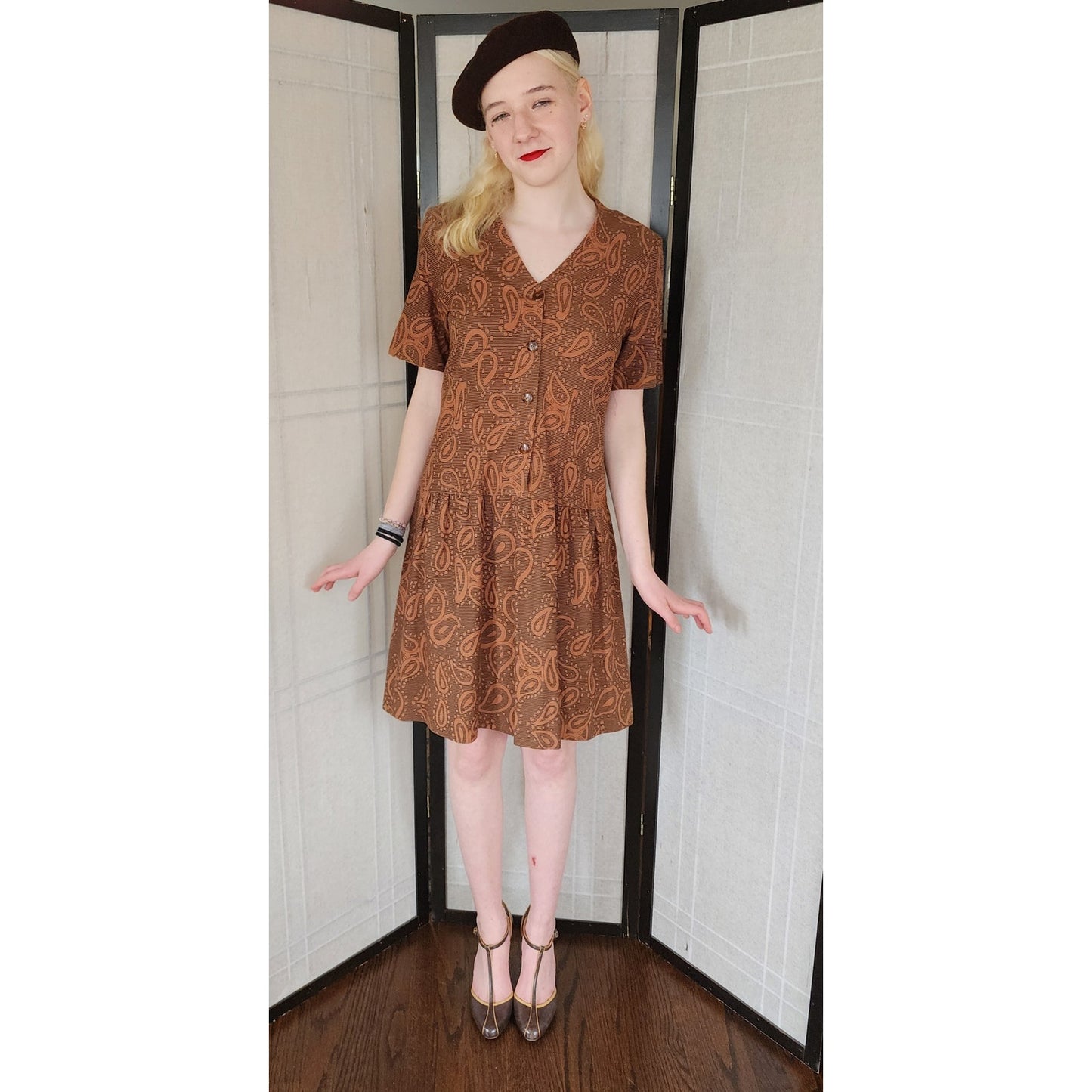 Vintage 60s Cotton Dress Brown Paisley Print Drop Waist