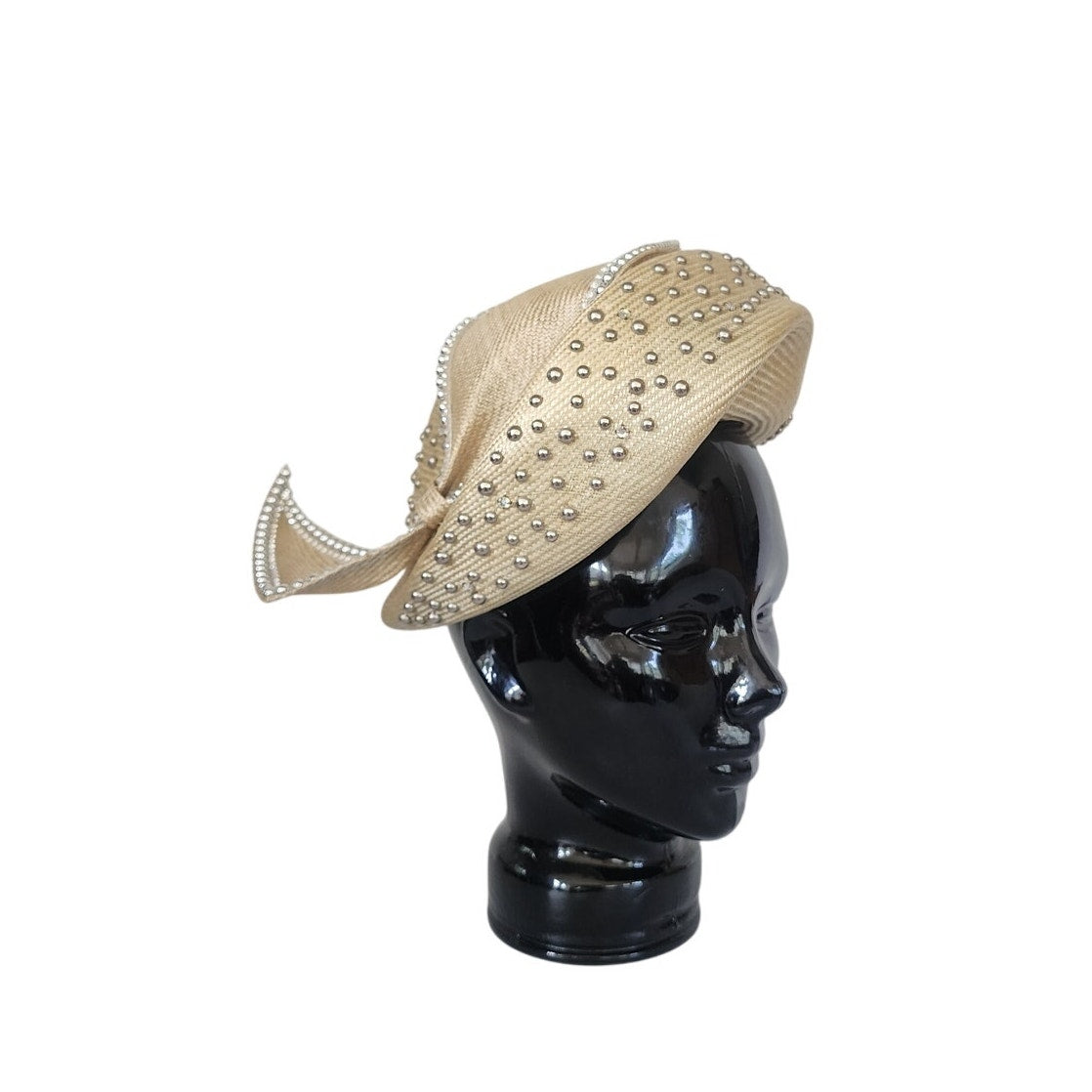 Vintage Jack McConnell Hat Asymmetrical Cream Straw Pearls Studs