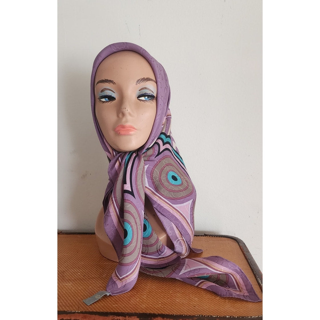 Vintage 80s Oscar de la Renta Scarf Silk Print Pink Purple Spiral