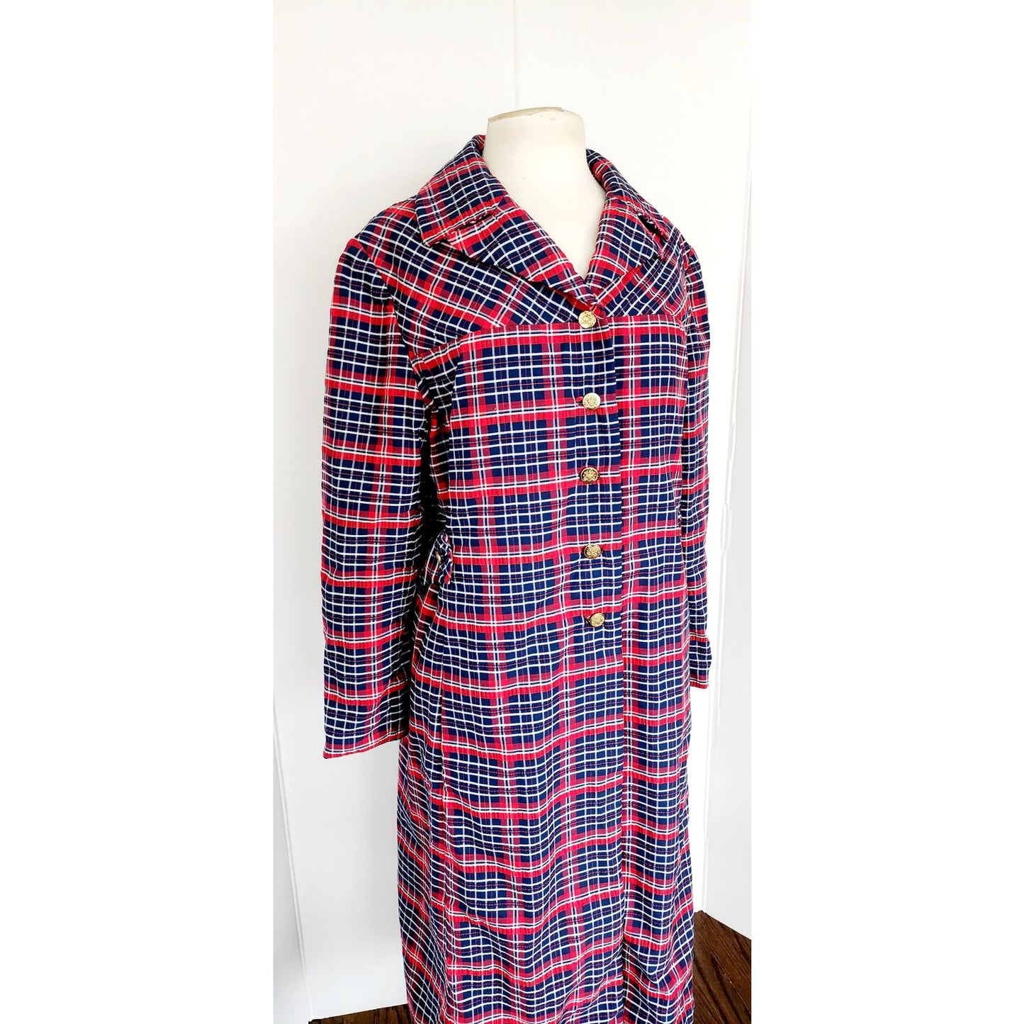 Vintage 1960s Plaid Mod Coat Red Blue Seersucker