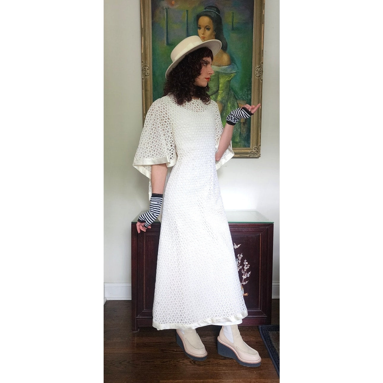 Vintage 70s White Maxi Dress Openwork Crochet Bridal Dress w/Capelet