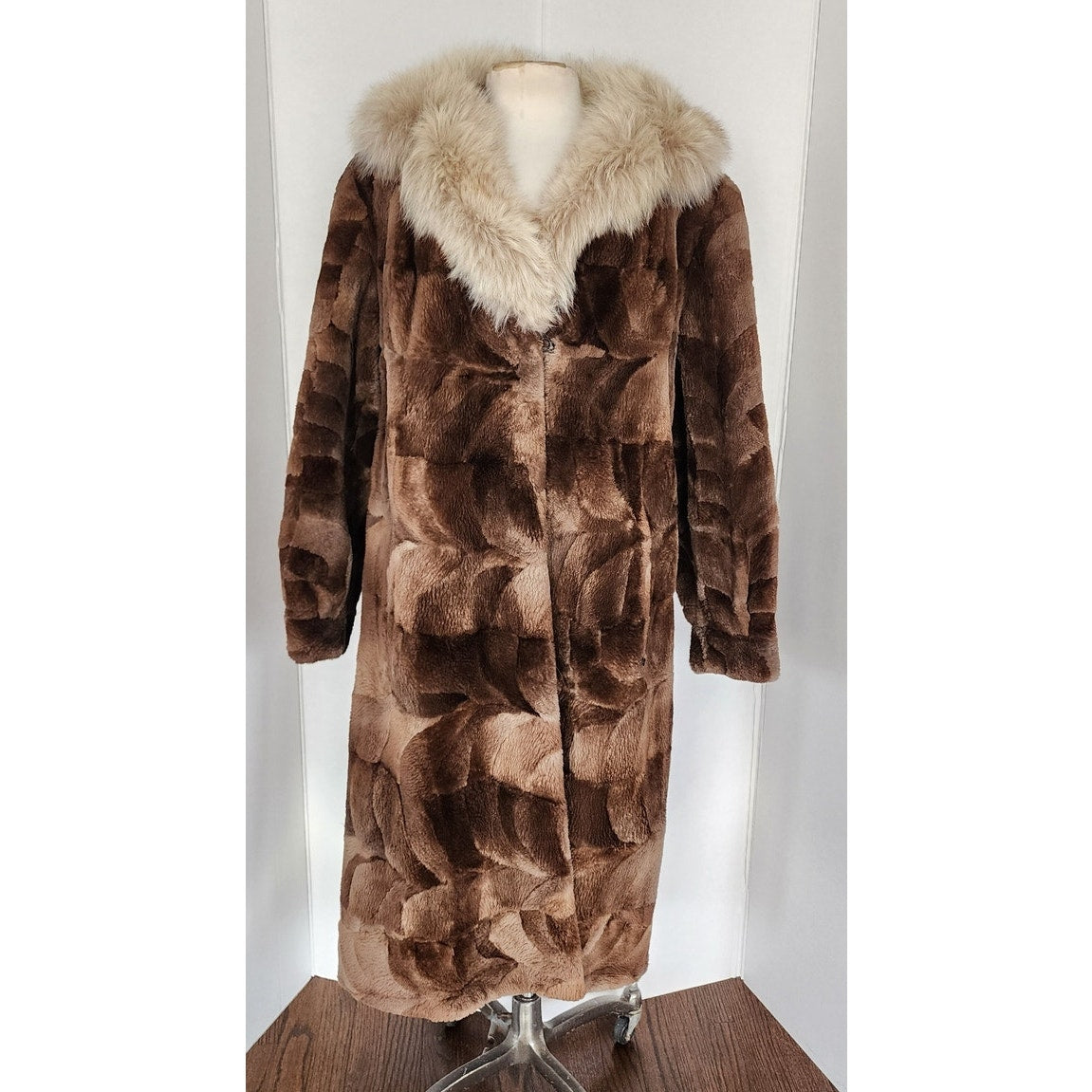 Vintage 80s Patchwork Fur Coat Sheared Beaver Blue Fox Collar