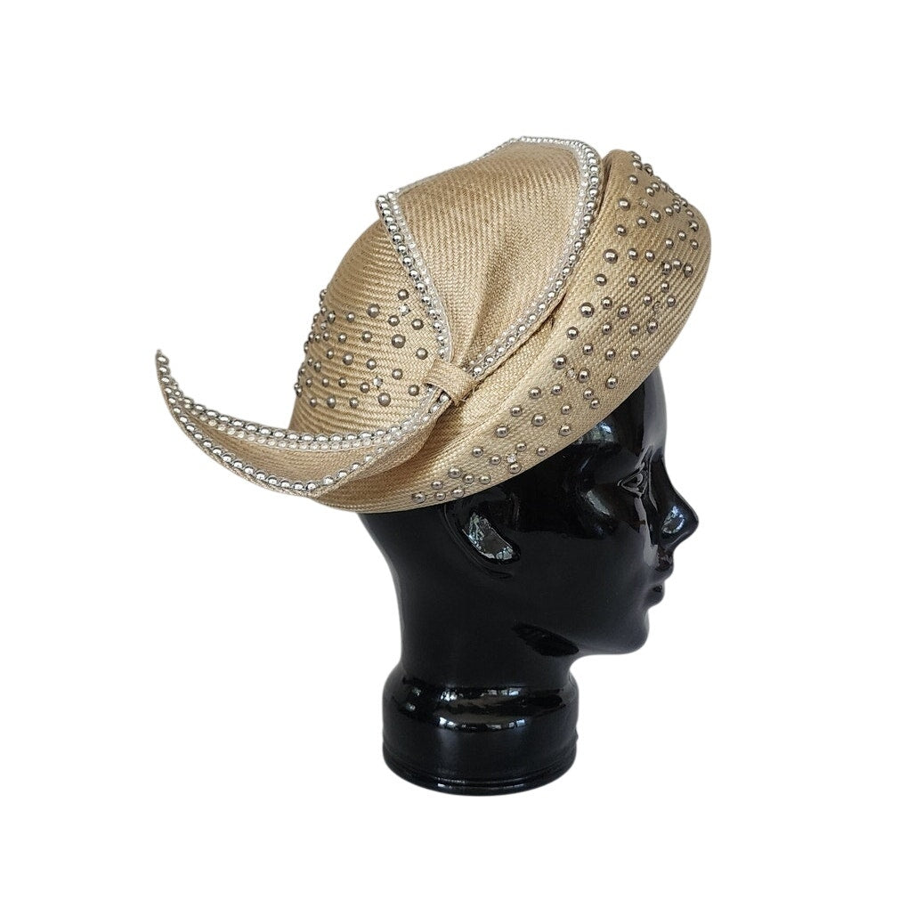 Vintage Jack McConnell Hat Asymmetrical Cream Straw Pearls Studs