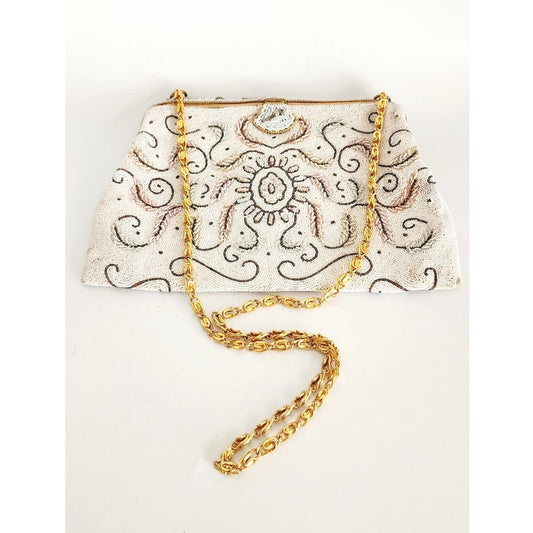Vintage 1950s Beaded Evening Bag in White France Elaborate Scrollwork Microbeading