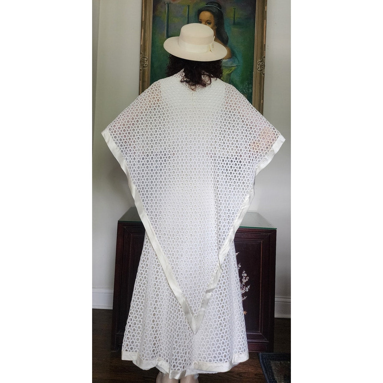 Vintage 70s White Maxi Dress Openwork Crochet Bridal Dress w/Capelet