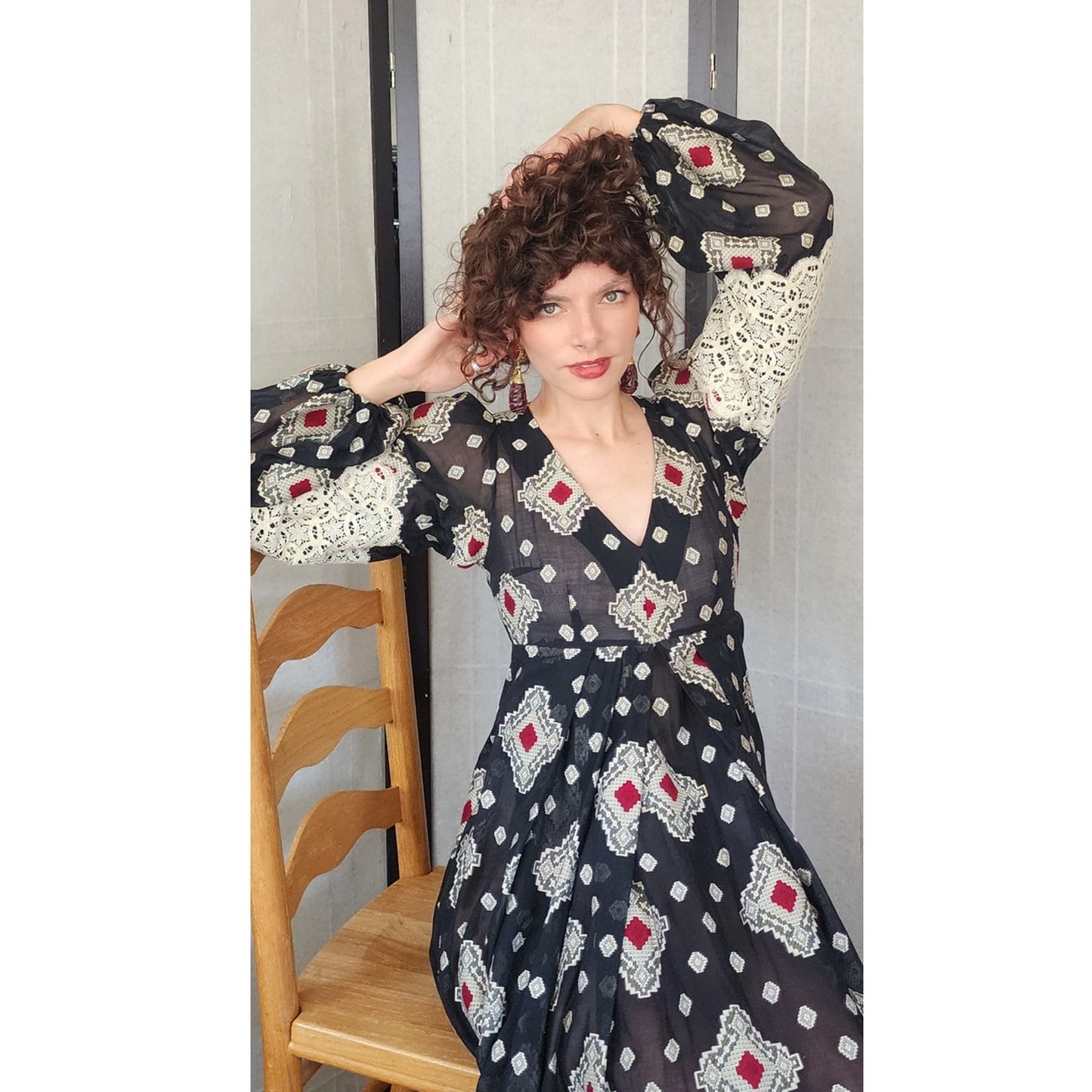 Vintage 1970s Thea Porter Dress Black Brocade Cotton & Lace Balloon Sleeves