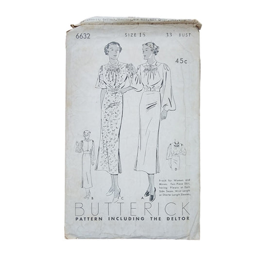 Vintage 1930s Dress Sewing Pattern ORIGINAL: Belted Frock 33 Bust Butterick 6632