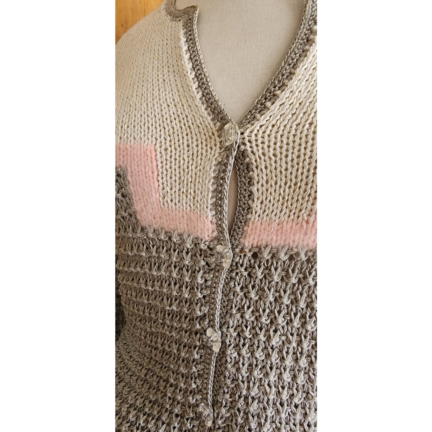 Vintage 80s Sweater Gray Pink Handknit Cardigan Acrylic Angora by Signatures