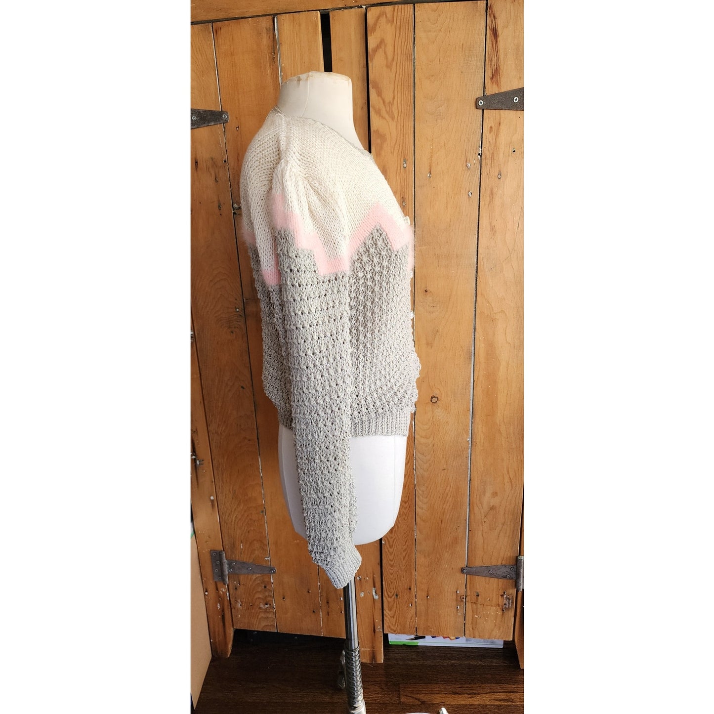 Vintage 80s Sweater Gray Pink Handknit Cardigan Acrylic Angora by Signatures