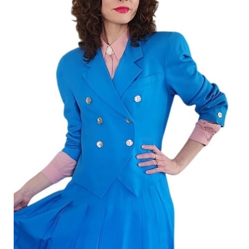 Vintage 80s Christian Dior Skirt Suit Turquoise Blue Wool Pleated Skirt / M