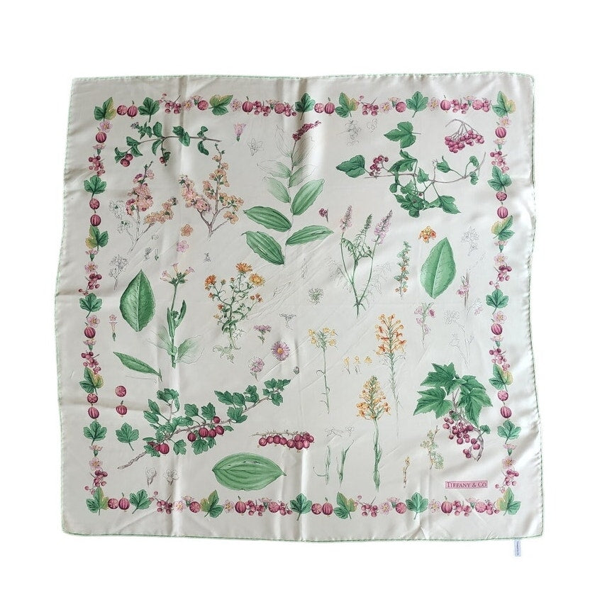 Vintage Tiffany & Co. Scarf Silk Square Botanical Floral Theme Green Cream