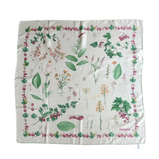 Vintage Tiffany & Co. Scarf Silk Square Botanical Floral Theme Green Cream