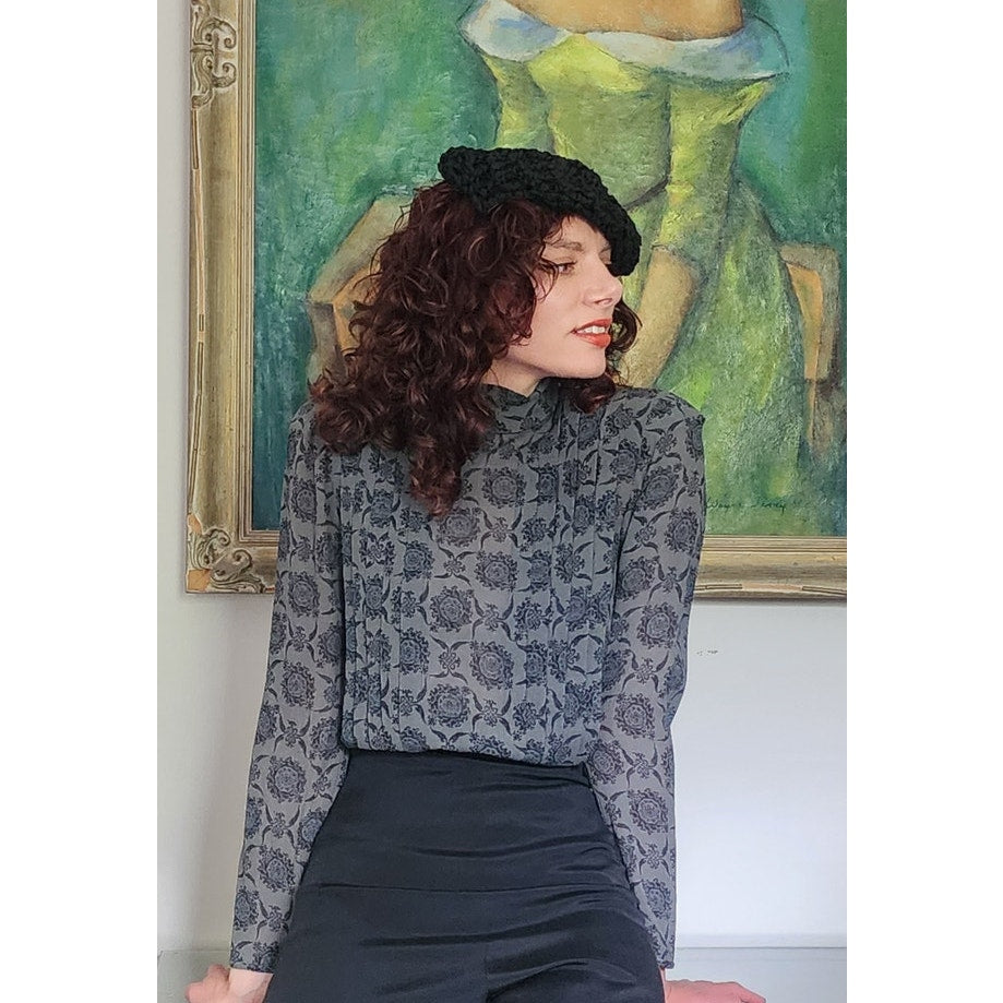 Vintage 80s UNGARO Blouse Gray Silkprint Shirt Back Buttons