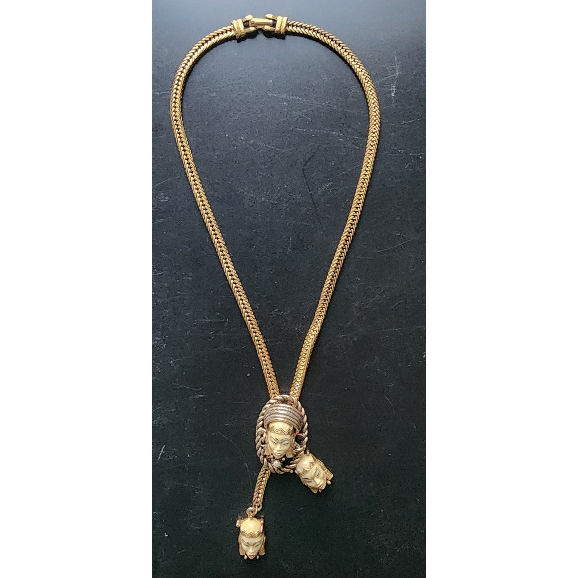 Vintage 50s SELRO SELINI Necklace Asian Princess Pendants Thai Girl Heads Faces Masks