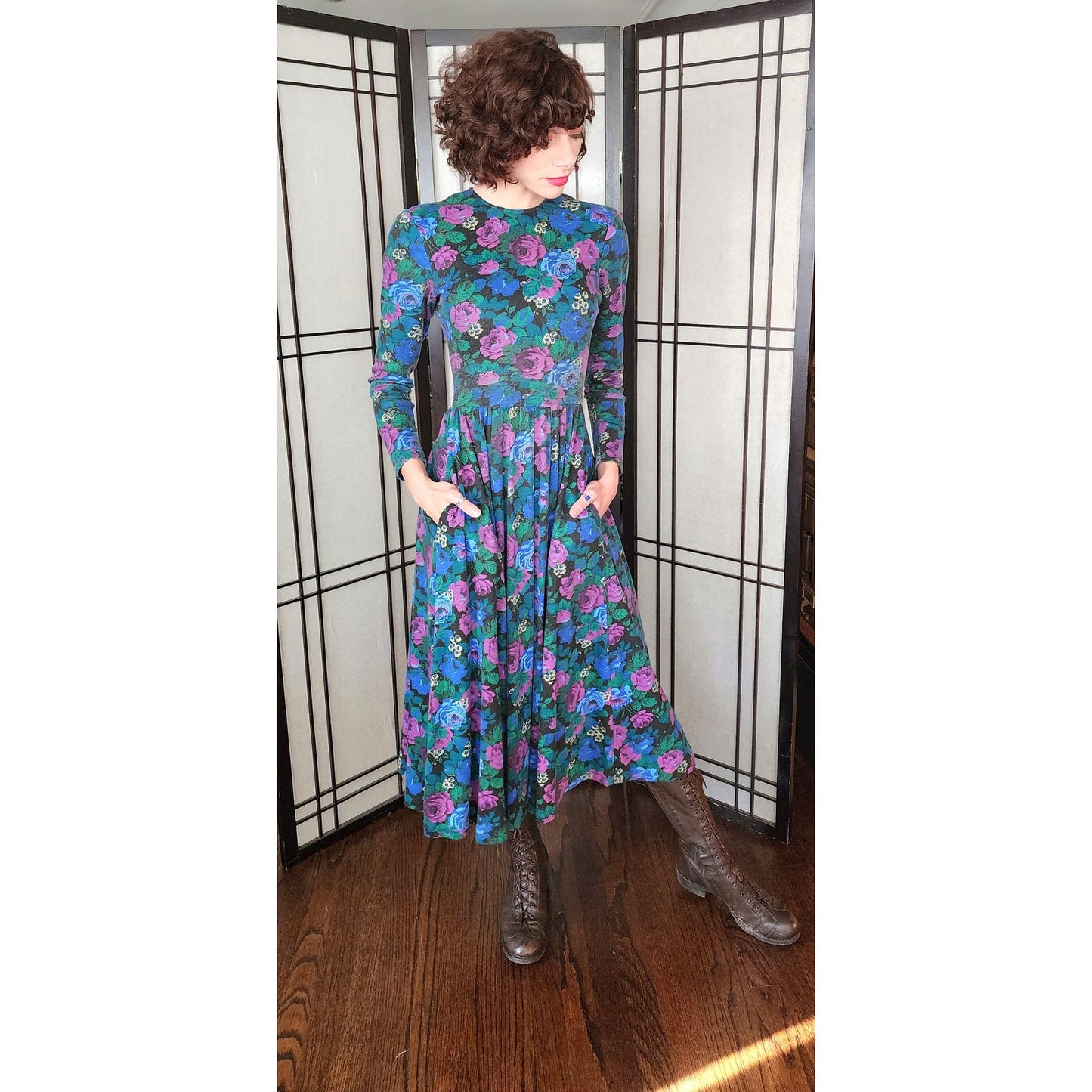Vintage 80s Floral Print Dress Drop Waist Long Sleeves Express